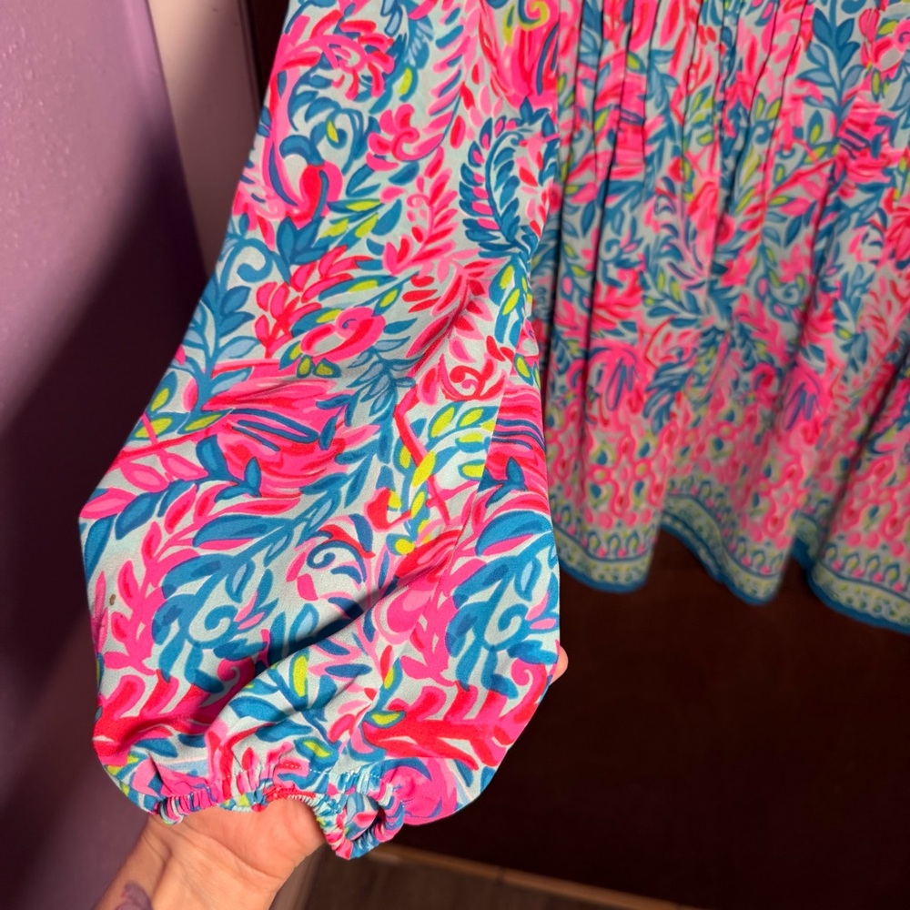Lilly Pulitzer Turquoise Pink Floral Tassel Peasant Blouse - Picture 8 of 8